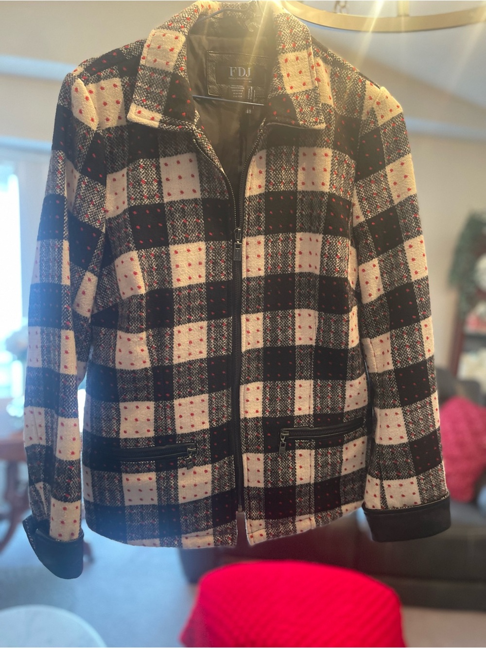 Black and Cream Plaid Zip-Front Women's Jacket